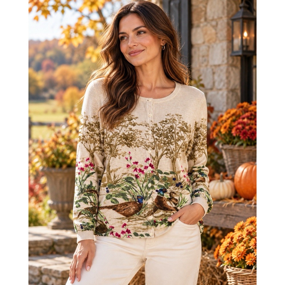 Country Estate Pheasant Woodland Cardigan L Petite Sweater Autumn Botanical